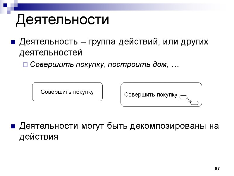 67 Деятельности Деятельность – группа действий, или других деятельностей Совершить покупку, построить дом, …